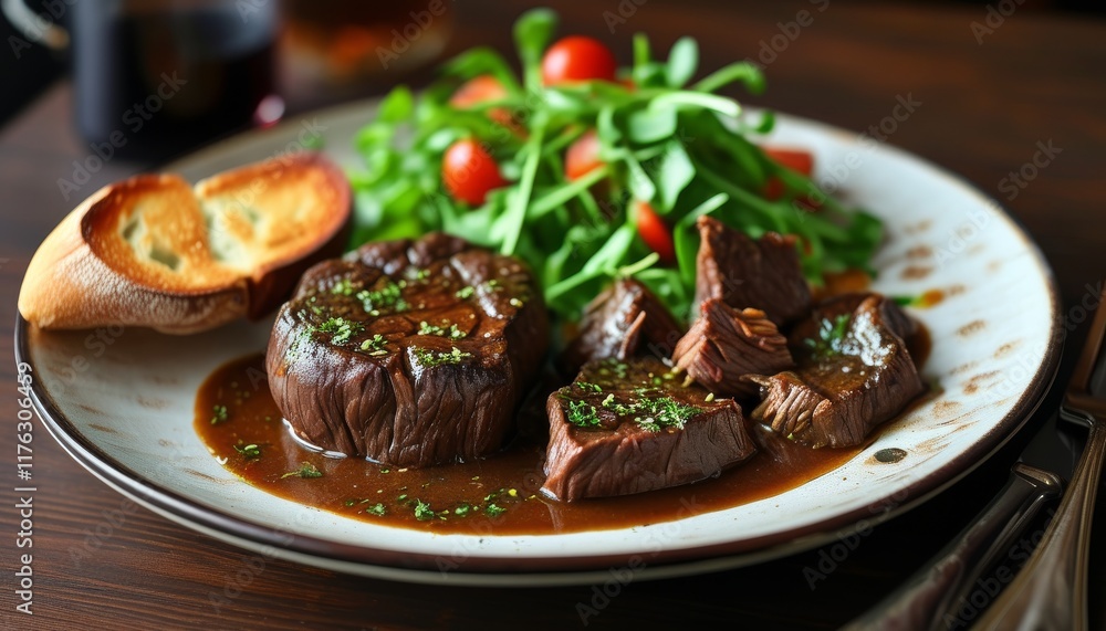 Delicious Beef Bourguignon Served with Fresh Salad and Crispy Bread Slice Delicious Beef Bourguignon Served with Fresh Salad and Crispy Bread Slice