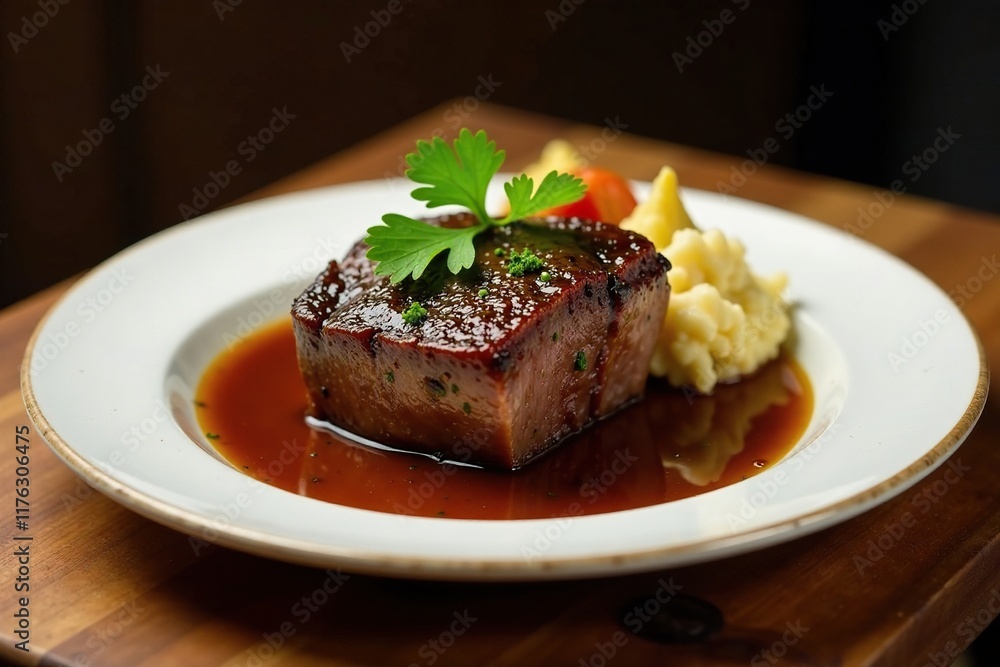 Oxtail served on plate garnished with parsley, parsley, meat, juicy Oxtail served on plate garnished with parsley, parsley, meat, juicy