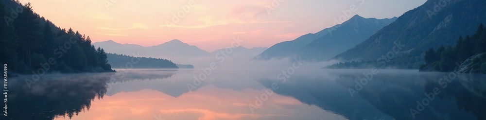 Serene mountain lake at dawn with misty fog rolling in, calm, mountain lake Serene mountain lake at dawn with misty fog rolling in, calm, mountain lake