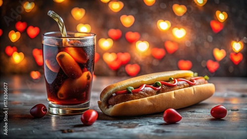 Romantic Low-Light Hot Dog & Cola Still Life with Hearts photo