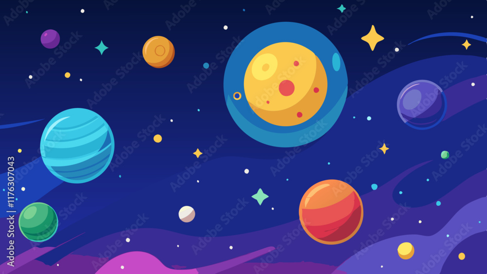Creative space-inspired pattern with bold planets and shimmering stars.
Creative space-inspired pattern with bold planets and shimmering stars.