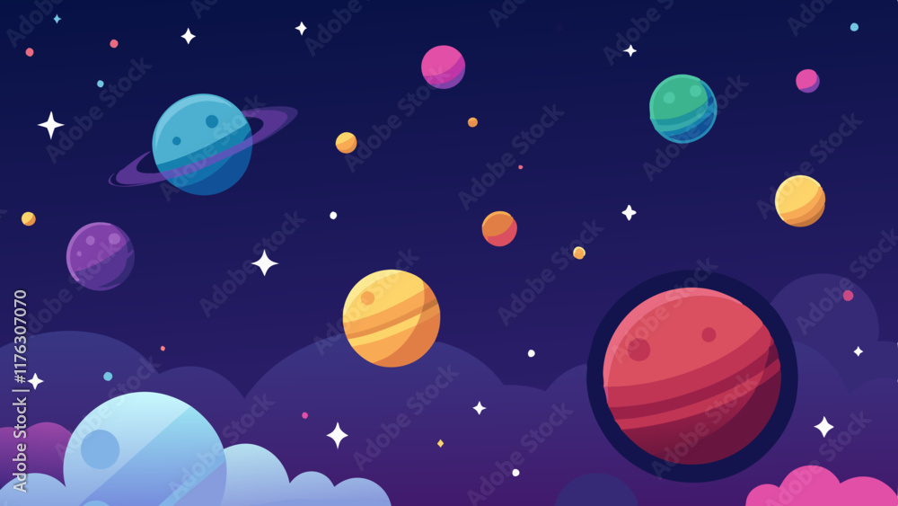 Colorful outer space pattern with planets and bright stars in dynamic motion.
Colorful outer space pattern with planets and bright stars in dynamic motion.