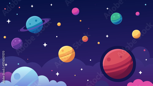 Colorful outer space pattern with planets and bright stars in dynamic motion.
