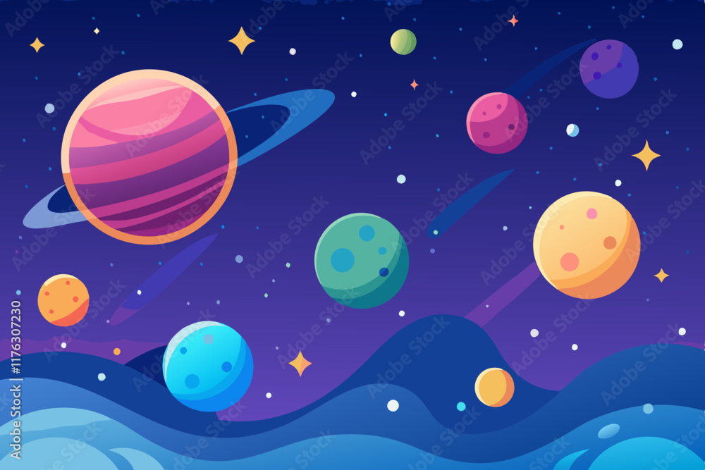 Artistic cosmic pattern showcasing vibrant planets and luminous star clusters.
Artistic cosmic pattern showcasing vibrant planets and luminous star clusters.
