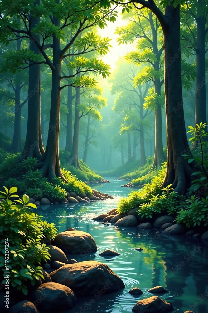 Obraz premium A tranquil forest scene with a winding river and towering trees, forest, calm