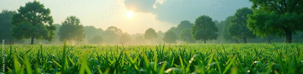 Morning dew on grass and trees with a grey cloudy sky above, dew, , trees Morning dew on grass and trees with a grey cloudy sky above, dew, , trees