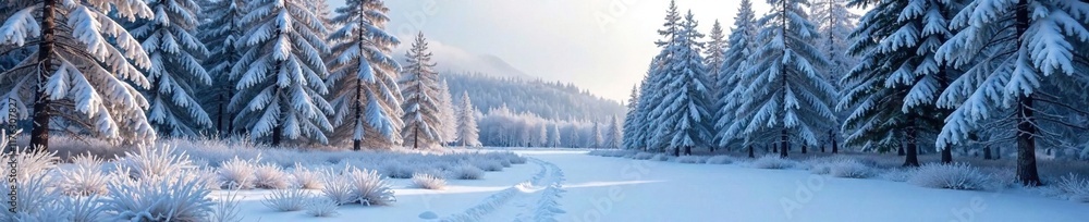 Naklejka premium Frosty forest landscape with snow-covered trees and scattered frosty icicles, winter scenery, nature