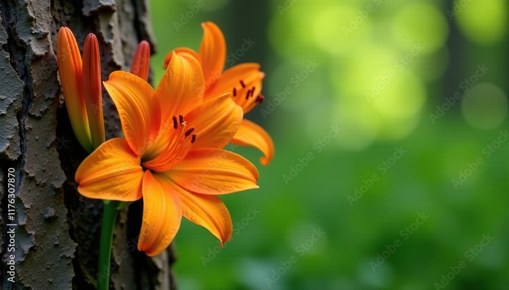 Hemerocallis fulva inflorescence with bright orange flowers on a tree trunk background, flower arrangement, hemerocallis, orange flowers Hemerocallis fulva inflorescence with bright orange flowers on a tree trunk background, flower arrangement, hemerocallis, orange flowers