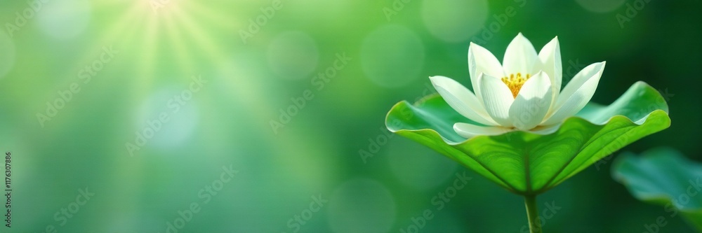 Naklejka premium Green leaf of a white lotus peeking out from behind a clear glass wall, stem, soothing