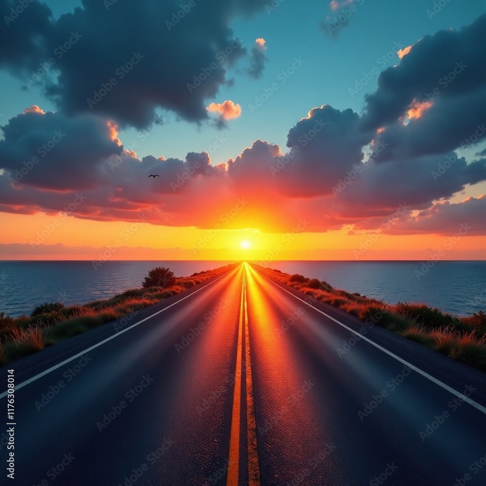 Naklejka premium Road stretches out to sea horizon at golden sunset, sunset, seagull, empty