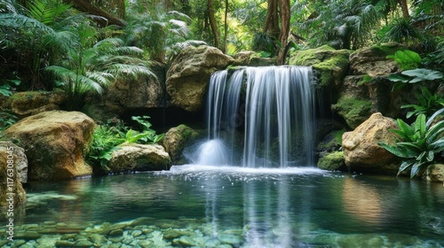 Serene Waterfall in Lush Tropical Forest: Tranquil Nature Scene with Mossy Rocks and Crystal Clear Water