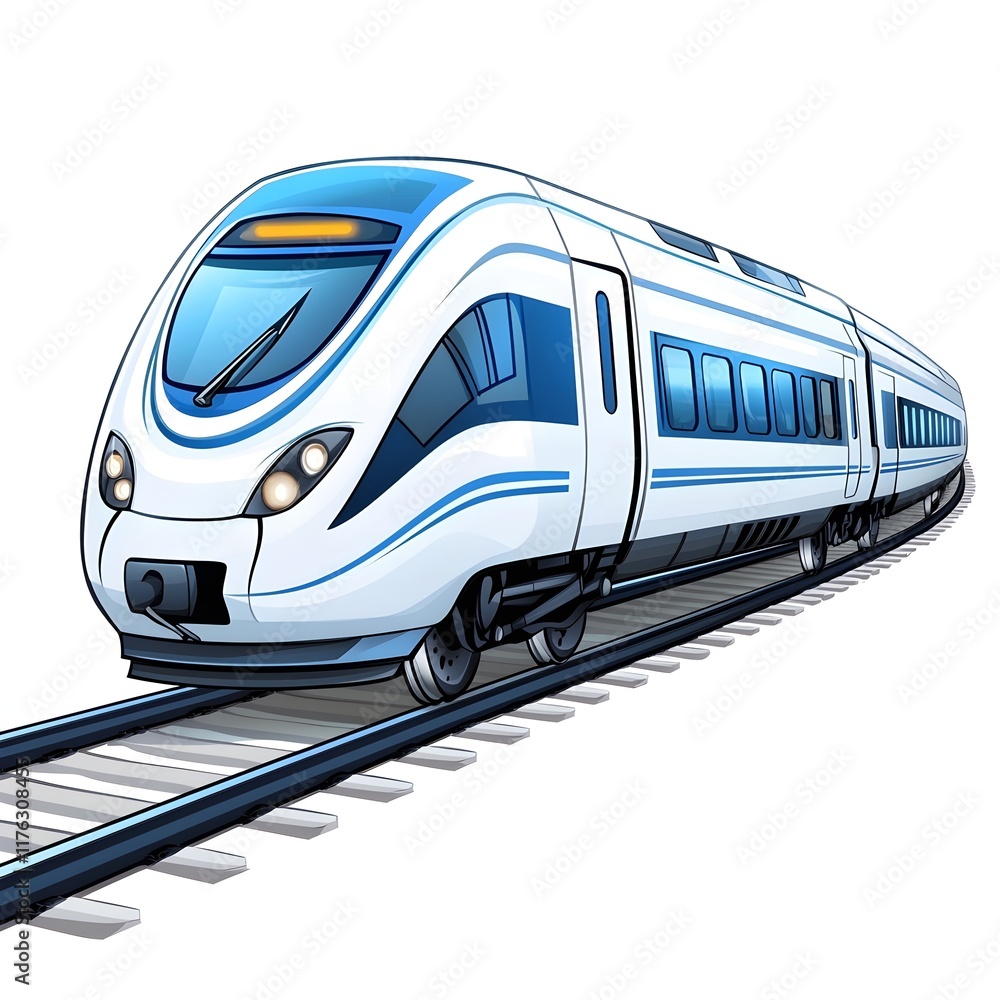 Fototapeta premium Modern High-Speed Train Racing on Tracks in Bright Blue and White