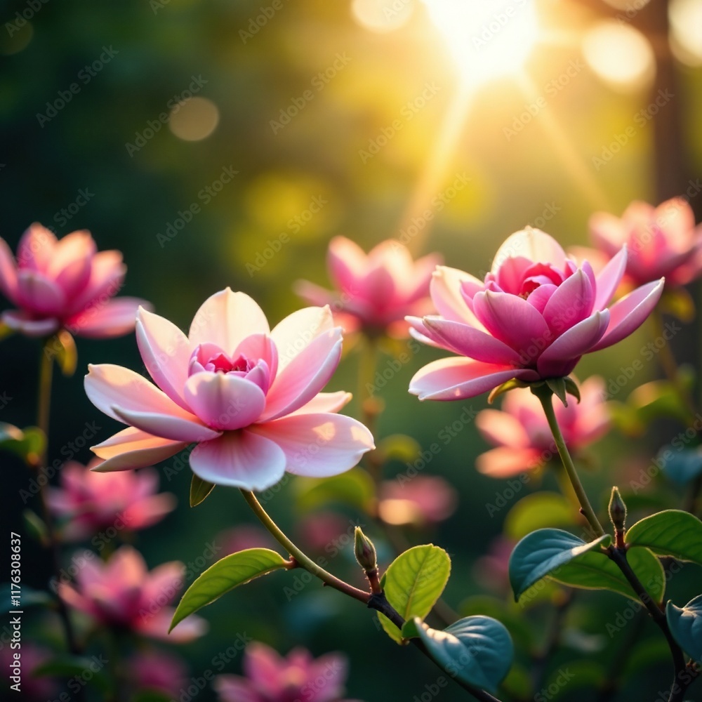 Fototapeta premium Blooming rose magnolia flowers in a lush garden with sunlight, flowers, garden