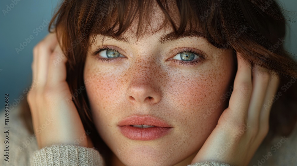Close-up portrait of a young woman with freckles and blue eyes, hands gently framing her face. Ideal for beauty, skincare, or fashion projects emphasizing natural beauty. Close-up portrait of a young woman with freckles and blue eyes, hands gently framing her face. Ideal for beauty, skincare, or fashion projects emphasizing natural beauty.