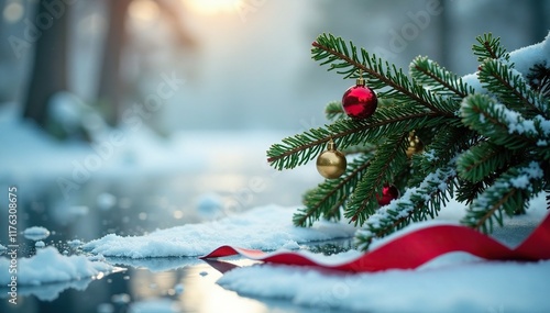 Fir branches adorned with golden red balls and festive ribbon on a frozen lake, firbranch, red, frosty