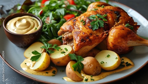 Delicious Bavarian Roast Chicken Served with Fresh Vegetables and Creamy Sauce photo