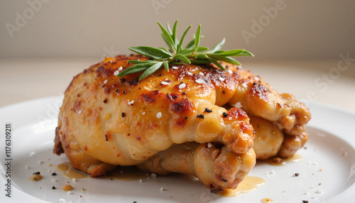 Baked chicken thighs with herbs and seasoning on a white plate photo