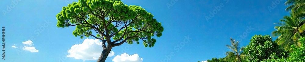 Tall Borassus flabellifer tree against a bright blue sky with few clouds, trees, foliage, tropical Tall Borassus flabellifer tree against a bright blue sky with few clouds, trees, foliage, tropical