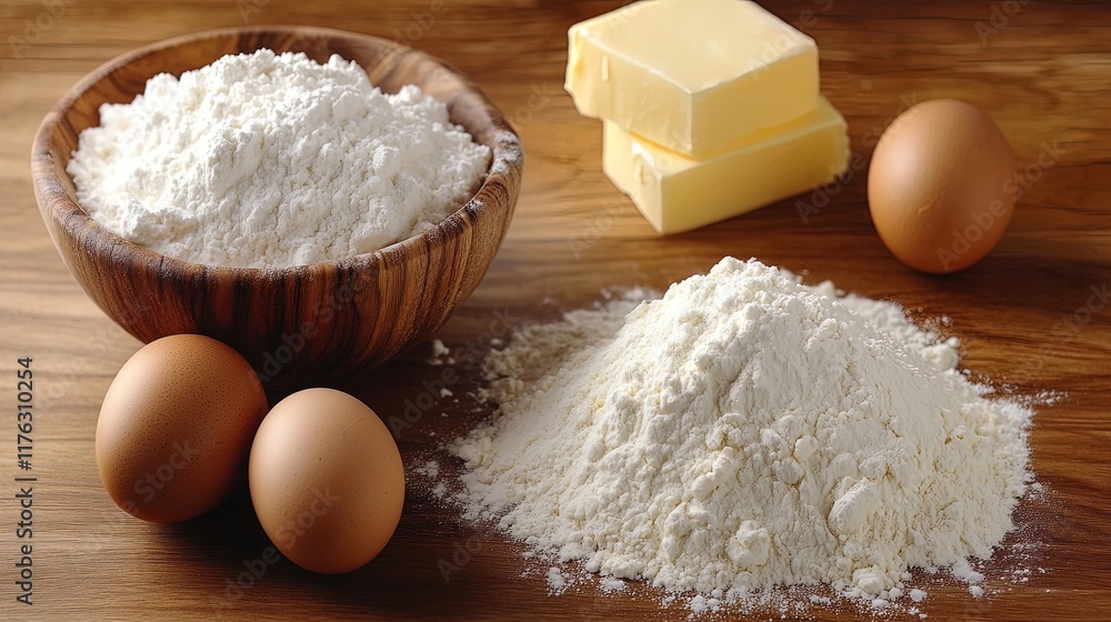 A detailed flat lay of baking ingredients like flour, eggs, and butter A detailed flat lay of baking ingredients like flour, eggs, and butter