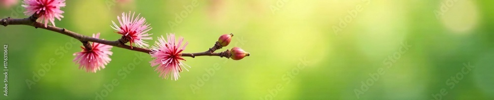 Obraz premium Light green and pink fluffy balls on branches, spring willow,