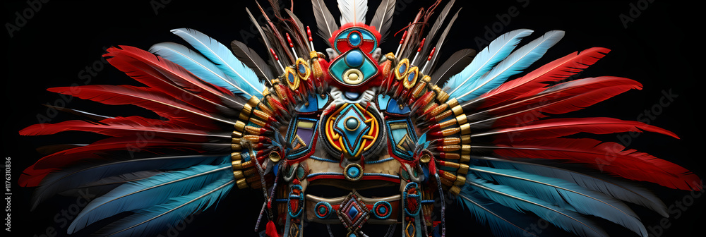 Obraz premium Colorful Cultural Tribal Headdress with Feathers, Beads, and Elaborative Metallic Details