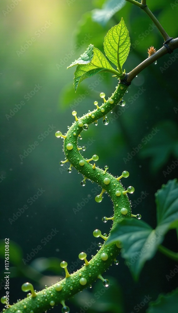 Naklejka premium Tendrils of neurons crawling up a vine covered in dewdrops, growth, tendrils, morning