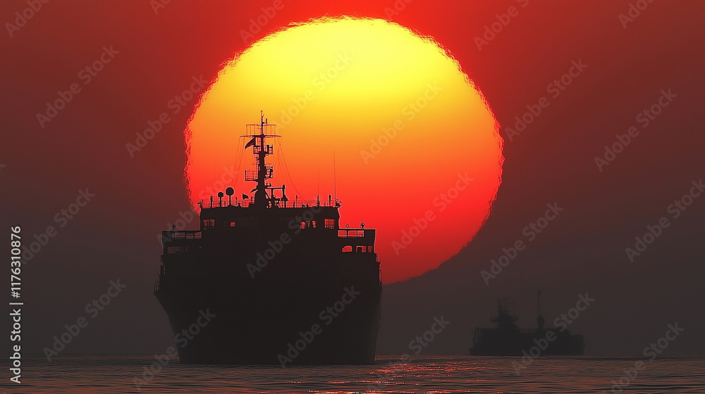 Fototapeta premium 夕暮れの海に沈む大きな太陽とシルエットで浮かび上がる大型船舶をリアルに描いたAI生成画像