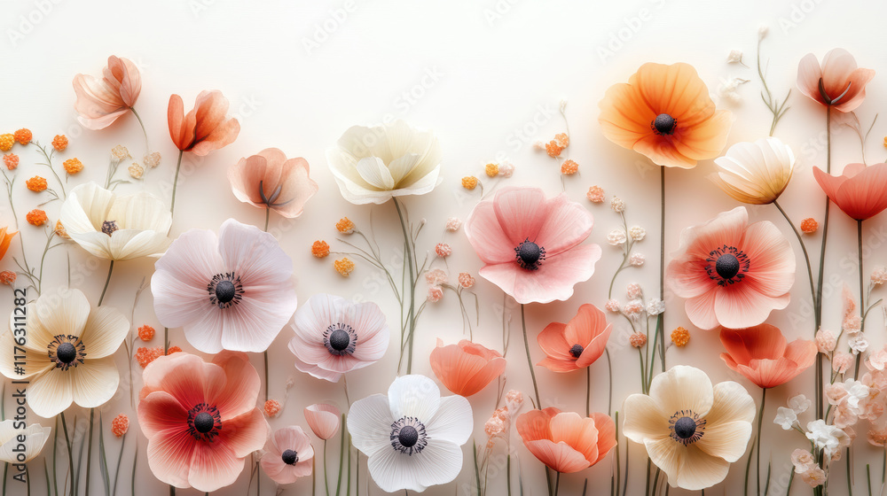 Delicate pastel flowers in full bloom, blending seamlessly with soft gradient background, creating serene and elegant garden inspired composition Delicate pastel flowers in full bloom, blending seamlessly with soft gradient background, creating serene and elegant garden inspired composition
