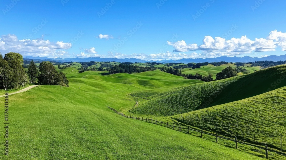Fototapeta premium Picturesque Countryside Landscape with Rolling Green Hills and Scenic Meadows under Cloudy Blue Sky