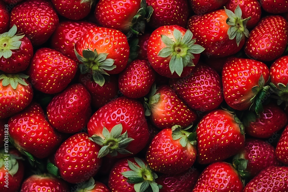 Freshly picked strawberries creating a vibrant and textured pattern, ideal for food and beverage projects Freshly picked strawberries creating a vibrant and textured pattern, ideal for food and beverage projects