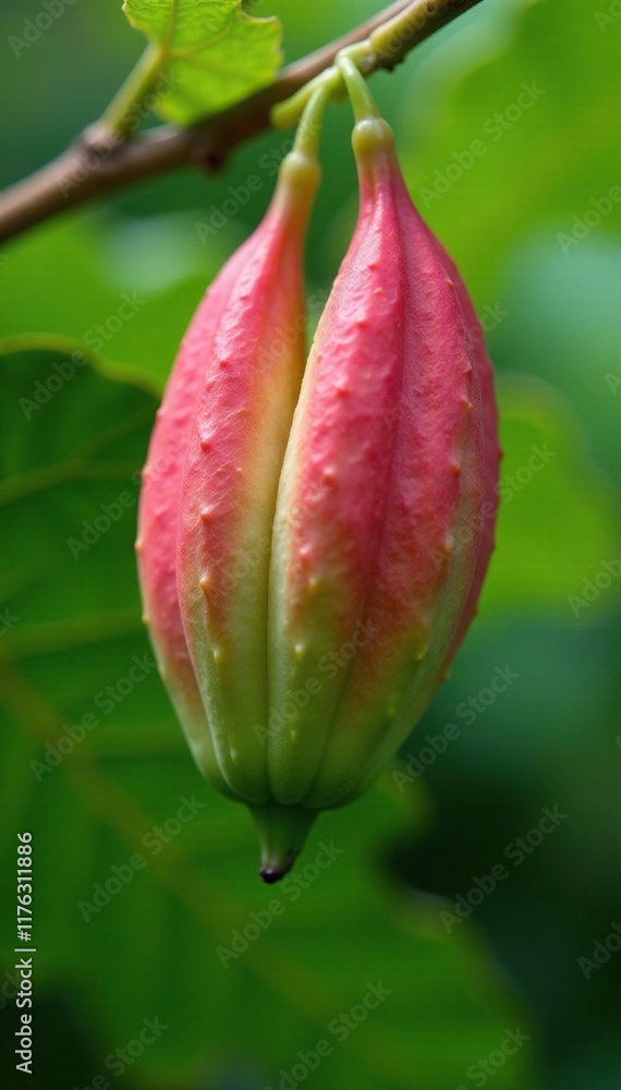 Delicate pink petals unfurl on papaya tree branches, greenery, bloom Delicate pink petals unfurl on papaya tree branches, greenery, bloom
