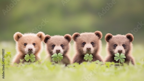 Four adorable bear cubs sit closely together in a lush green field, each holding a clover. Their playful expressions and cuddly appearance evoke a sense of joy and innocence.