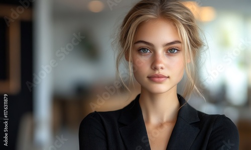 A portrait of a young woman in a professional setting, exuding confidence and poise. Free Download A portrait of a young woman in a professional setting, exuding confidence and poise. - GFXLoad