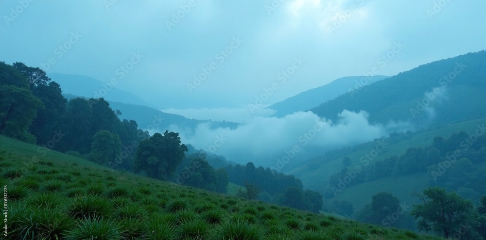 A misty rain veil shrouds the landscape in a pale blue hue, rain, mist, landscape A misty rain veil shrouds the landscape in a pale blue hue, rain, mist, landscape