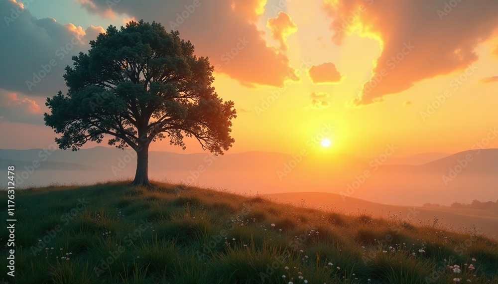 Morning light creeps over a lone tree in the dawn, morning light, Morning light creeps over a lone tree in the dawn, morning light,