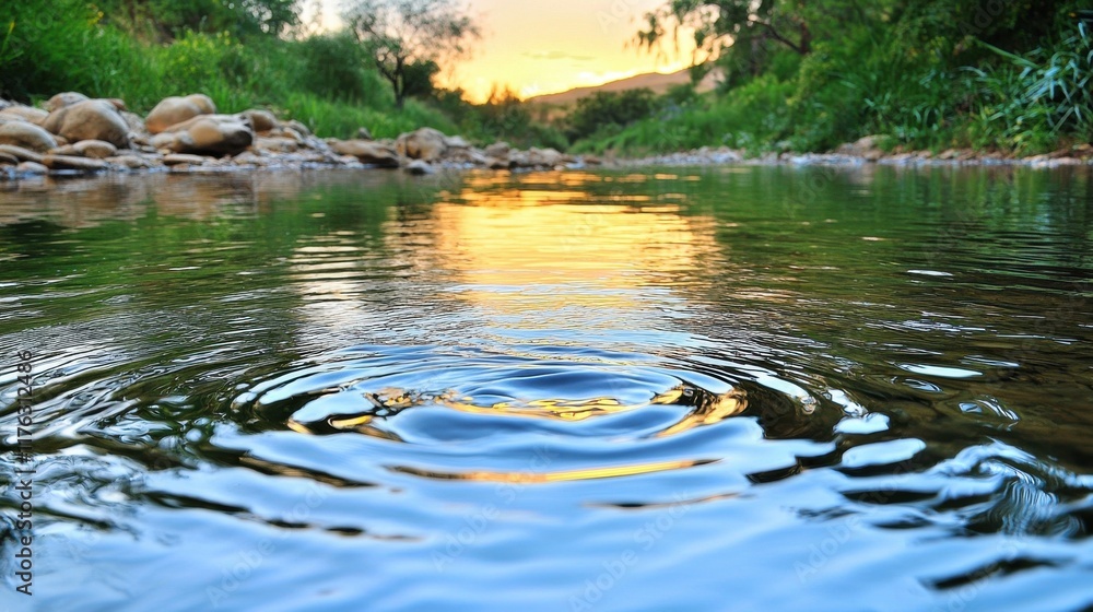 Tranquil Sunset Reflection in Serene Forest Stream Tranquil Sunset Reflection in Serene Forest Stream