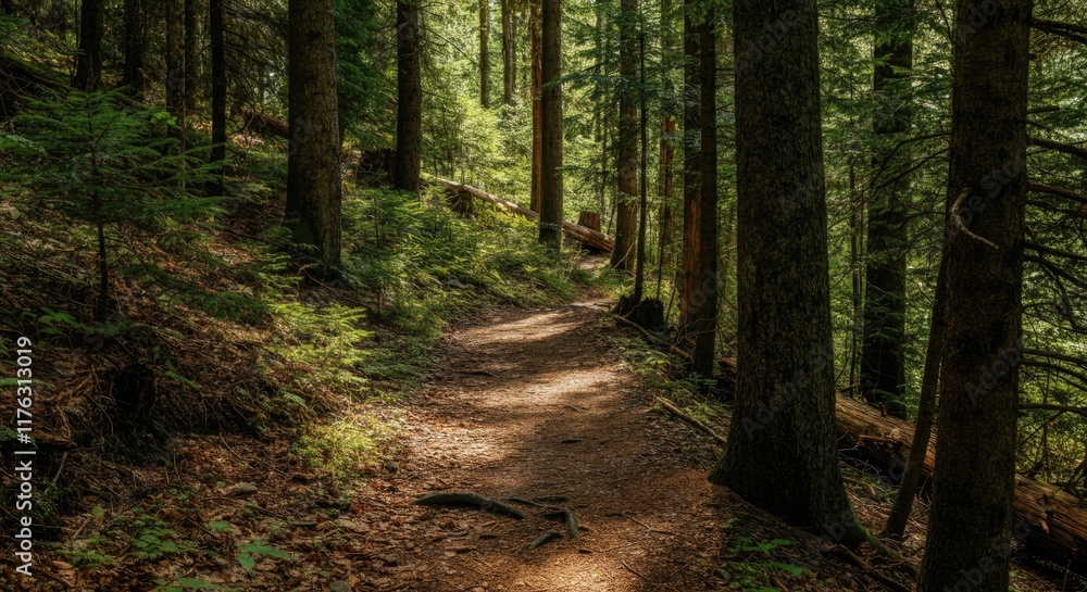 Fototapeta premium Serene forest trail winding through tall trees and lush foliage
