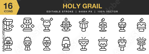 Holy Grail icon set. Editable Stroke Icon Collection. Includes Holy, Grail, Religion, Praying, Church, Bell, Bible, and More. Outline icons vector collection.