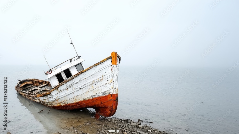 Abandoned boat stranded on a foggy shore. Abandoned boat stranded on a foggy shore.