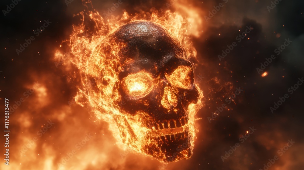 Infernal Blaze - Fiery demonic skull engulfed in flames on dark intense background, Halloween horror concept Infernal Blaze - Fiery demonic skull engulfed in flames on dark intense background, Halloween horror concept