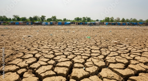 Cracked dry soil in drought-stricken area with sparse vegetation and makeshift shelters background
