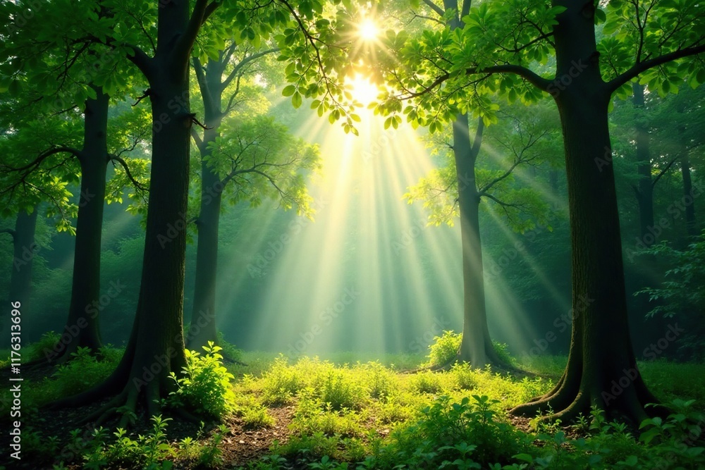 Obraz premium Forest canopy with sunlight filtering through, shade, leaves