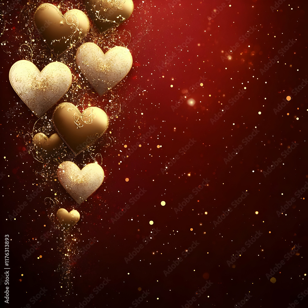 A festive design featuring golden hearts against a red background, creating a romantic atmosphere. A festive design featuring golden hearts against a red background, creating a romantic atmosphere.