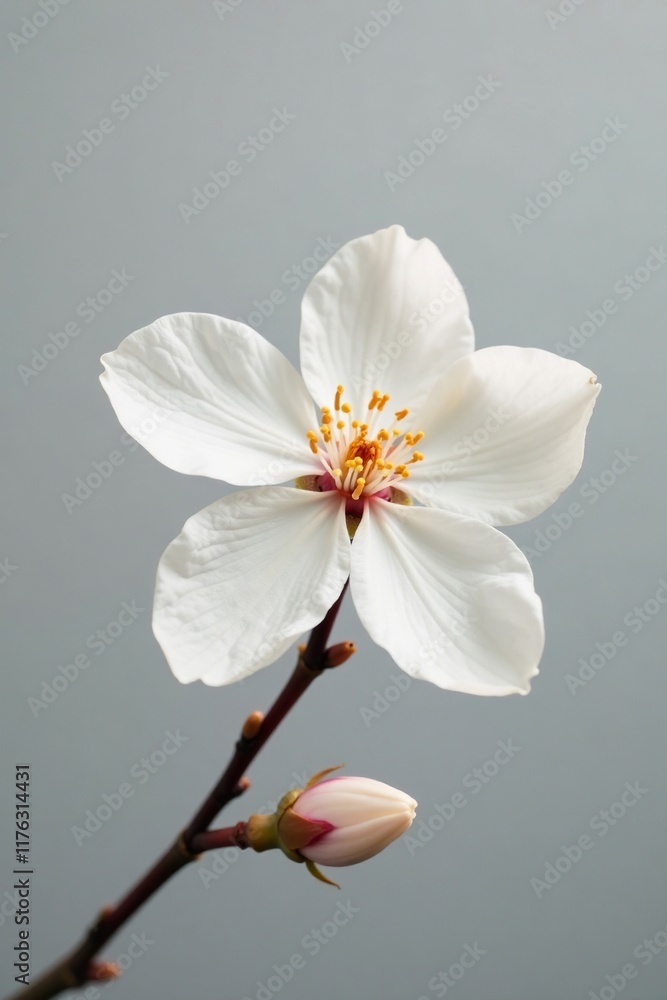 White peach blossom against a soft gray background, gentle, flower White peach blossom against a soft gray background, gentle, flower
