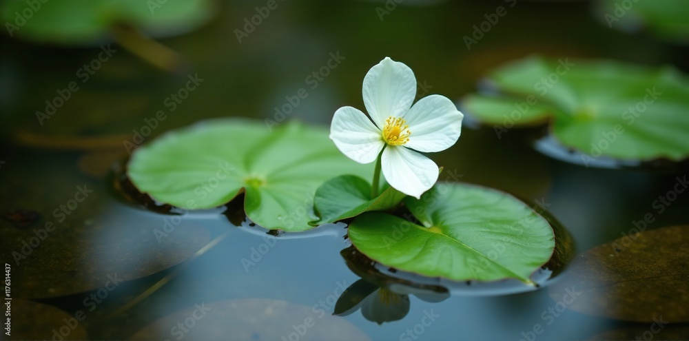 White trillium blooms in a shallow pool of water, delicate, aquatic, bloom White trillium blooms in a shallow pool of water, delicate, aquatic, bloom