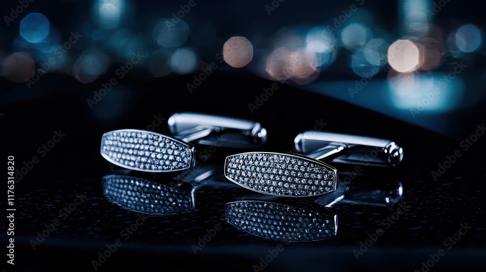 Elegant Silver Cufflinks with Sparkling Details on a Reflective Surface Elegant Silver Cufflinks with Sparkling Details on a Reflective Surface