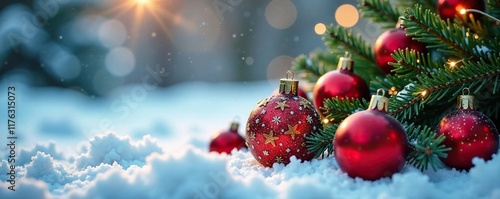 Golden red Christmas decorations and fir branches on an icy winter landscape, red, icebackground