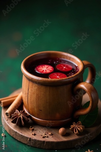 Red wine warmed with spices in a rustic wooden mug, cozy, mulledwine, greenbackground photo