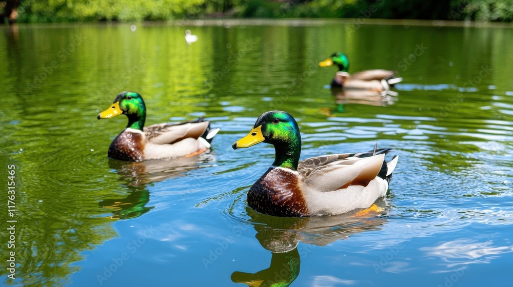 Pair of Mallard Ducks Swimming in a Serene Lake with Lush Green Surroundings Pair of Mallard Ducks Swimming in a Serene Lake with Lush Green Surroundings