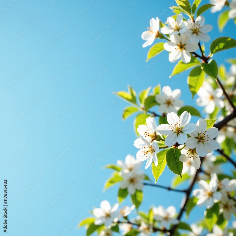 Delicate white blooms nestled in the branches of a lush tree against a clear blue sky, serene, gentle Delicate white blooms nestled in the branches of a lush tree against a clear blue sky, serene, gentle